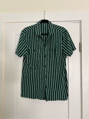 J.Crew Green White Striped Cotton Jersey Knit Camp Collar Shirt SU23 BR050 M